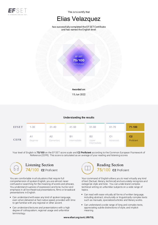 EF SET Certificate 85/100 (C2 Proficient)